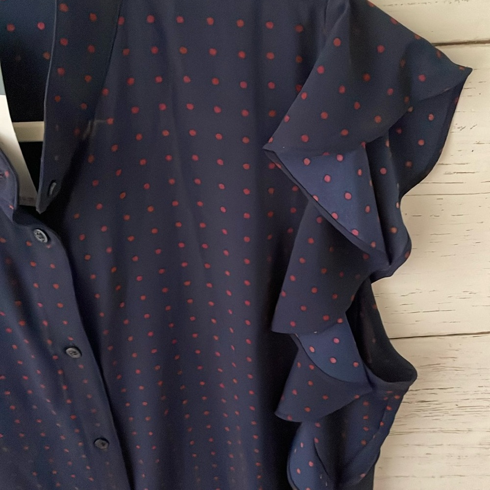 Lauren Ralph Lauren Navy Blue Ruffle Sleeved Polka Dot Blouse, size XL, NWT - Picture 4 of 12